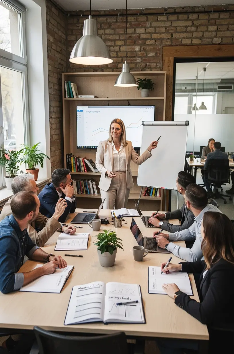 Nyugodt dolgozósarok pénzügyi tervezési könyvekkel és írószerekkel.